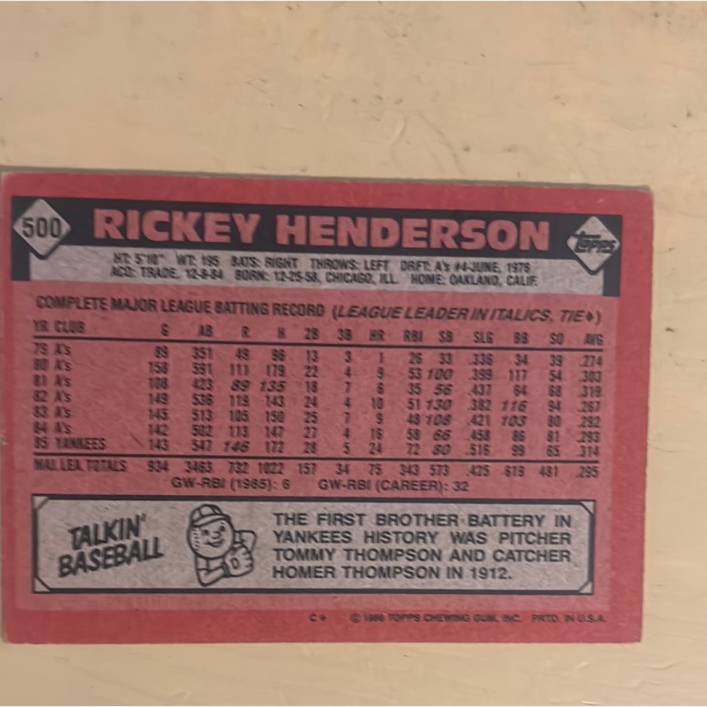 1986 TOPPS RICKEY HENDERSON #500 RARE - Picture 2 of 2
